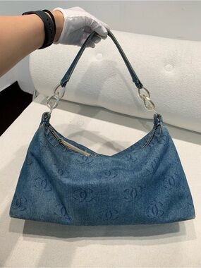 CHANEL Blue Denim Monogram Hobo Bag with Clear Chain Links